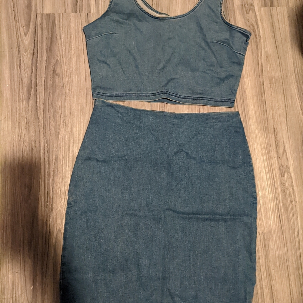 Denim Two Piece Set: Crop Top & High-Waisted Skirt